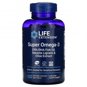 Life Extension, Super Omega-3, рыбий жир с ЭПК и ДГК, 120 капсул, покрытых кишечнорастворимой оболочкой - описание