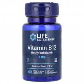 Life Extension, витамин B12, метилкобаламин, 5 мг, 60 вегетарианских пастилок - описание | фото