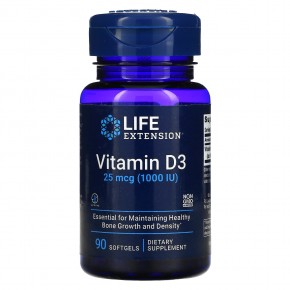 Life Extension, Витамин D3, 25 мкг (1000 МЕ), 90 мягких таблеток - описание