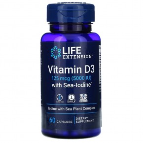 Life Extension, витамин D3 с Sea-Iodine, 125 мкг (5000 МЕ), 60 капсул в Москве - eco-herb.ru | фото