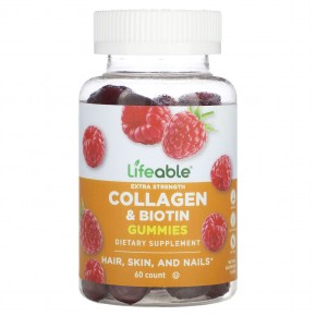 Lifeable, Extra Strength Collagen & Biotin Gummies, Natural Raspberry, 60 Gummies в Москве - eco-herb.ru | фото