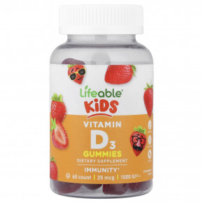 Lifeable, жевательный витамин D3 для детей, со вкусом клубники, 60 жевательных таблеток - описание | фото