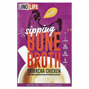 Lonolife, Sipping Bone Broth, курица шрирача, 4 порционные палочки, 14 г (0,49 унции) - описание | фото