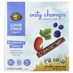 Love Child Organics, Nature's Path, органические батончики Oaty Chomps™, для детей от 12 месяцев, голубика и морковь, 5 батончиков в индивидуальной упаковке, 23 г (0,8 унции) - описание