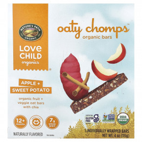 Love Child Organics, Nature's Path, органические батончики Oaty Chomps™, для детей от 12 месяцев, яблоко и батат, 5 батончиков в индивидуальной упаковке, 23 г (0,8 унции) - описание