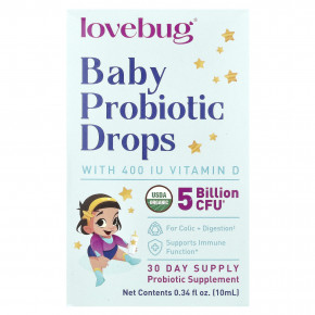 LoveBug Probiotics, пробиотик в каплях для детей, с витамином D, 10 мл (0,34 жидк. унции) - описание | фото