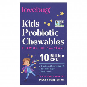 LoveBug Probiotics, пробиотики для детей, от 4 лет, с ягодным вкусом,10 млрд КОЕ, 30 жевательных таблеток в Москве - eco-herb.ru | фото