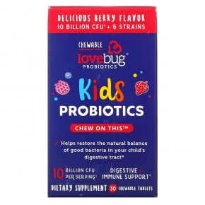LoveBug Probiotics, пробиотики для детей, от 4 лет, с ягодным вкусом,10 млрд КОЕ, 30 жевательных таблеток в Москве - eco-herb.ru | фото