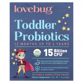 LoveBug Probiotics, пробиотики для детей в возрасте от 1 года до 4 лет, 15 млрд КОЕ, 30 порций в индивидуальных стик-пакетах по 1,8 г (0,06 унции) в Москве - eco-herb.ru | фото