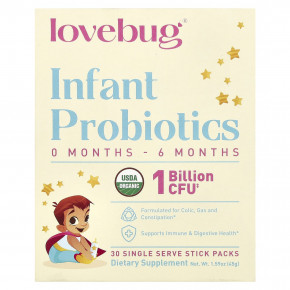 LoveBug Probiotics, пробиотики для младенцев в возрасте 0–6 месяцев, 1 млрд КОЕ, 30 порций в индивидуальной упаковке, по 1,5 г (0,05 унции) в Москве - eco-herb.ru | фото