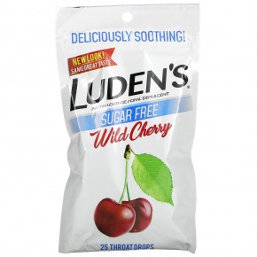Luden's, Леденцы с пектином / успокаивающее средство для полости рта, без сахара, дикая вишня, 25 леденцов для горла - описание