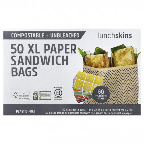Lunchskins, бумажные пакеты для сэндвичей, размер XL, с защитной пленкой, 50 шт. - описание | фото