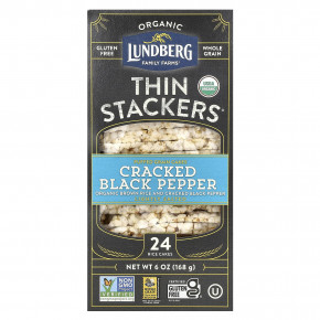 Lundberg, Organic Thin Stackers, Puffed Grain Cakes, Cracked Black Pepper, Lightly Salted, 24 Rice Cakes, 6 oz (168 g) - описание