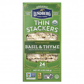 Lundberg, Organic Thin Stackers, Puffed Grain Cakes, Basil & Thyme, Lightly Salted, 24 Rice Cakes, 6 oz (168 g) - описание