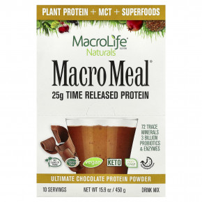Macrolife Naturals, Macro Meal®, протеиновый порошок, со вкусом шоколада, 10 пакетиков по 45 г (1,6 унции) - описание | фото