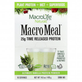 Macrolife Naturals, Macro Meal®, протеиновый порошок, со вкусом ванили, 10 пакетиков по 41 г (1,4 унции) - описание | фото