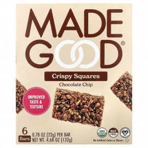 MadeGood, Crispy Squares, шоколадная крошка, 6 батончиков по 22 г (0,78 унции) - описание | фото