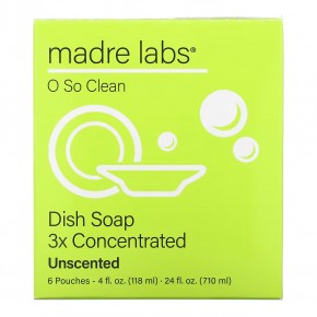 Madre Labs, средство для мытья посуды, тройной концентрации, сменный блок, без запаха, 6 пакетиков по 118 мл (4 жидк. унции) - описание