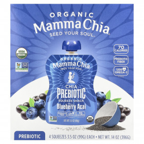 Mamma Chia, Organic Chia Prebiotic Squeeze Snack, черника и асаи, 4 порции, 99 г (3,5 унции) - описание | фото