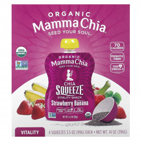 Mamma Chia, Organic Chia Squeeze Vitality Snack, клубника и банан, 4 пакетика, 99 г (3,5 унции) - описание