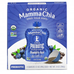 Mamma Chia, Organic Chia Prebiotic Squeeze Snack, черника и асаи, 4 порции, 99 г (3,5 унции) - описание | фото