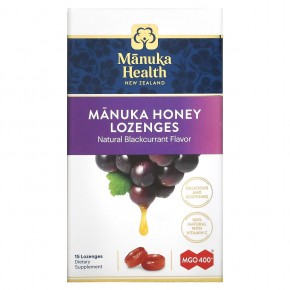 Manuka Health, Леденцы, лесной мёд манука и черная смородина, MGO 400+, 15 леденцов - описание