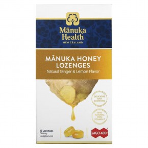 Manuka Health, Леденцы с медом Manuka, MGO 400+, имбирь и лимон, 15 леденцов - описание