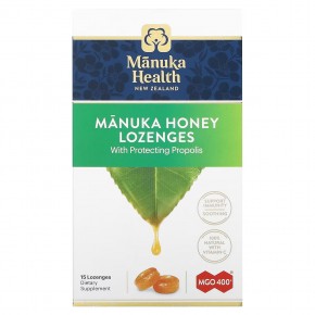 Manuka Health, Леденцы с медом Manuka, прополис, MGO 400+, 15 леденцов - описание