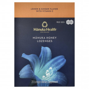 Manuka Health, леденцы с медом манука, лимон и имбирь, MGO 600+, 20 леденцов - описание