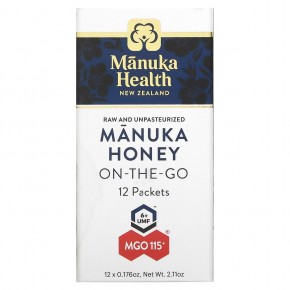 Manuka Health, Manuka Honey On-The-Go, UMF 6+, MGO 115+, 12 пакетиков по 5 г (0,176 унции) в Москве - eco-herb.ru | фото