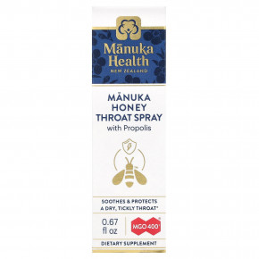 Manuka Health, Медовый спрей для горла Manuka с прополисом, MGO 400+, 0,67 жидк. унц. - описание | фото