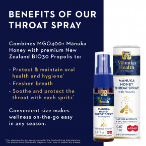 Manuka Health, Медовый спрей для горла Manuka с прополисом, MGO 400+, 0,67 жидк. унц. в Москве - eco-herb.ru | фото