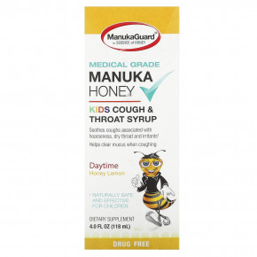 ManukaGuard, Manuka Honey, детский сироп от кашля и горла, дневной, с медом и лимоном, 118 мл (4 жидк. унц.) - описание | фото