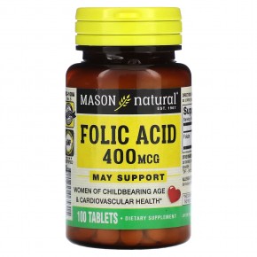 Mason Natural, фолиевая кислота, 400 мкг, 100 таблеток - описание