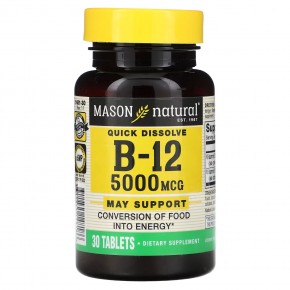 Mason Natural, Quick Dissolve, витамин B12, 5000 мкг, 30 таблеток - описание