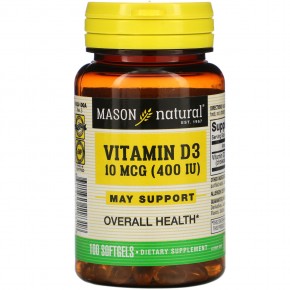 Mason Natural, Витамин D3, 10 мкг (400 МЕ), 100 мягких таблеток в Москве - eco-herb.ru | фото