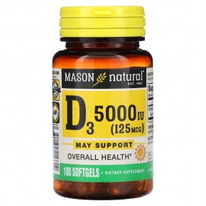 Mason Natural, Витамин D3, 5000 МЕ (125 мкг), 100 мягких таблеток в Москве - eco-herb.ru | фото