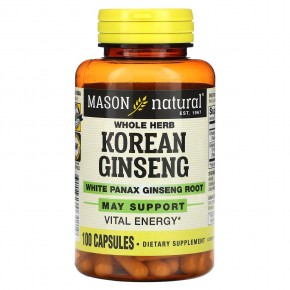 Mason Natural, Whole Herb Korean Ginseng with White Panax Ginseng Root, 100 Capsules в Москве - eco-herb.ru | фото