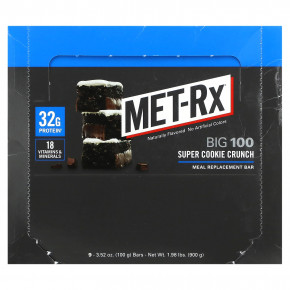 MET-Rx, Big 100, батончик для замены еды, хрустящее печенье, 9 батончиков, 100 г (3,52 унции) - подробнее MET-Rx, Big 100, батончик для замены еды, хрустящее печенье, 9 батончиков, 100 г (3,52 унции) - описание