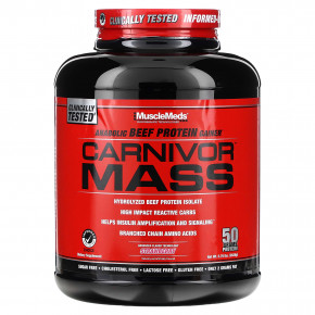 MuscleMeds, Carnivor Mass, анаболический гейнер с говяжьим протеином, клубничный вкус, 2698 г (5,79 фунта) - описание | фото