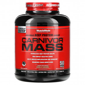 MuscleMeds, Carnivor Mass, ускоряющее обменные процессы говяжье белковое средство для набора массы, ваниль и карамель, 5,93 фунтов (2688 г) - описание | фото