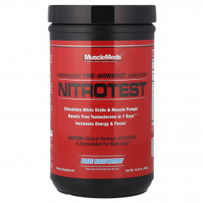 MuscleMeds, Nitrotest™, андрогенный предтренировочный усилитель, голубая малина, 474 г (16,72 унции) - описание | фото