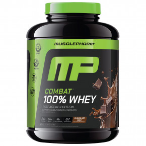 MusclePharm, Combat® 100%, порошок из сывороточного протеина, со вкусом шоколадного молока, 2,27 кг (5 фунтов) - описание | фото