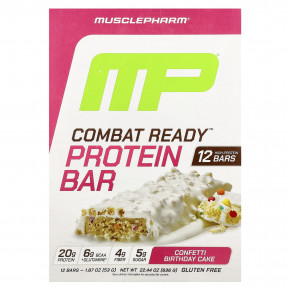 MusclePharm, Протеиновый батончик Combat Ready ™, праздничный торт с конфетти, 12 батончиков по 53 г (1,87 унции) - описание