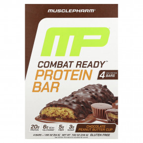 MusclePharm, Протеиновый батончик Combat Ready ™, шоколадный батончик с арахисовым маслом, 4 батончика, 54 г (1,9 унции) - описание | фото