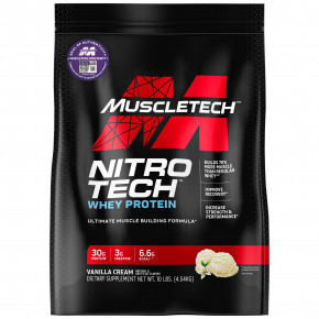 MuscleTech, Performance Series, Nitro Tech, сывороточные пептиды и изолят для наращивания мышечной массы, ваниль, 4,54 кг (10 фунтов) в Москве - eco-herb.ru | фото