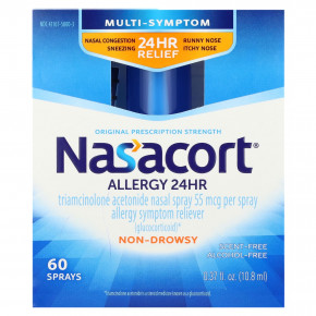 Nasacort, Multi-Symptom Allergy 24 HR, без спирта, без запаха, 55 мкг, 60 спреев, 10,8 мл (0,37 жидк. Унции) - описание | фото