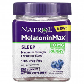 Natrol, Melatonin Max, для сна, голубика, 10 мг, 50 жевательных таблеток - описание | фото