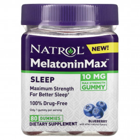 Natrol, Melatonin Max, для сна, голубика, 10 мг, 80 жевательных таблеток - описание | фото