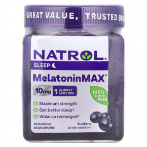 Natrol, MeltoninMax™, голубика, 10 мг, 50 жевательных мармеладок - описание | фото